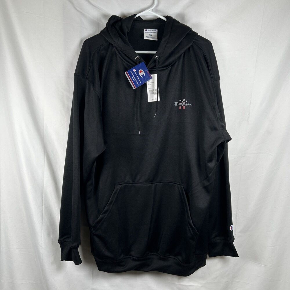 Champion Checkered Logo Performance Hoodie Mens 2XL Black Red Pullover